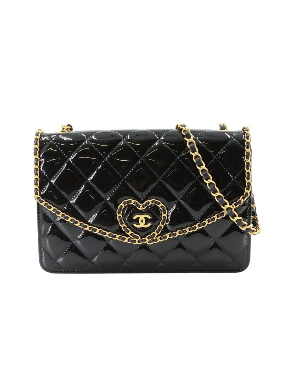 Chanel Quilted Chain Shoulder Bag Patent Black Heart Gold
